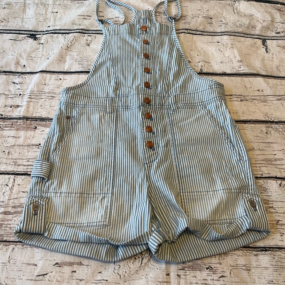 Anthro Pilcro Railroad Striped Button Front Everyday Short Overalls Sz 29